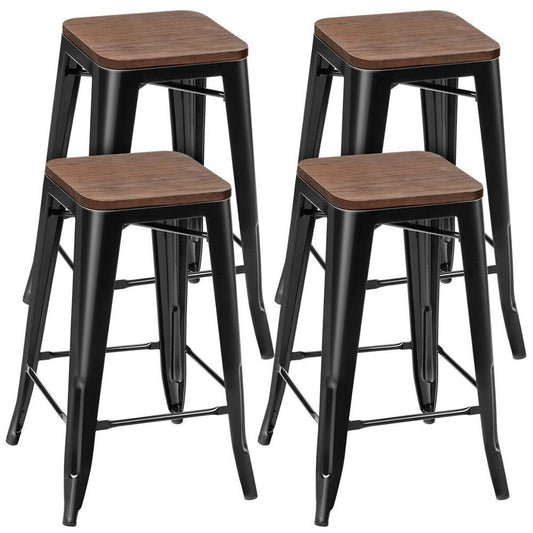 Metal Stackable Stool w/Wood Seat 4pc Set