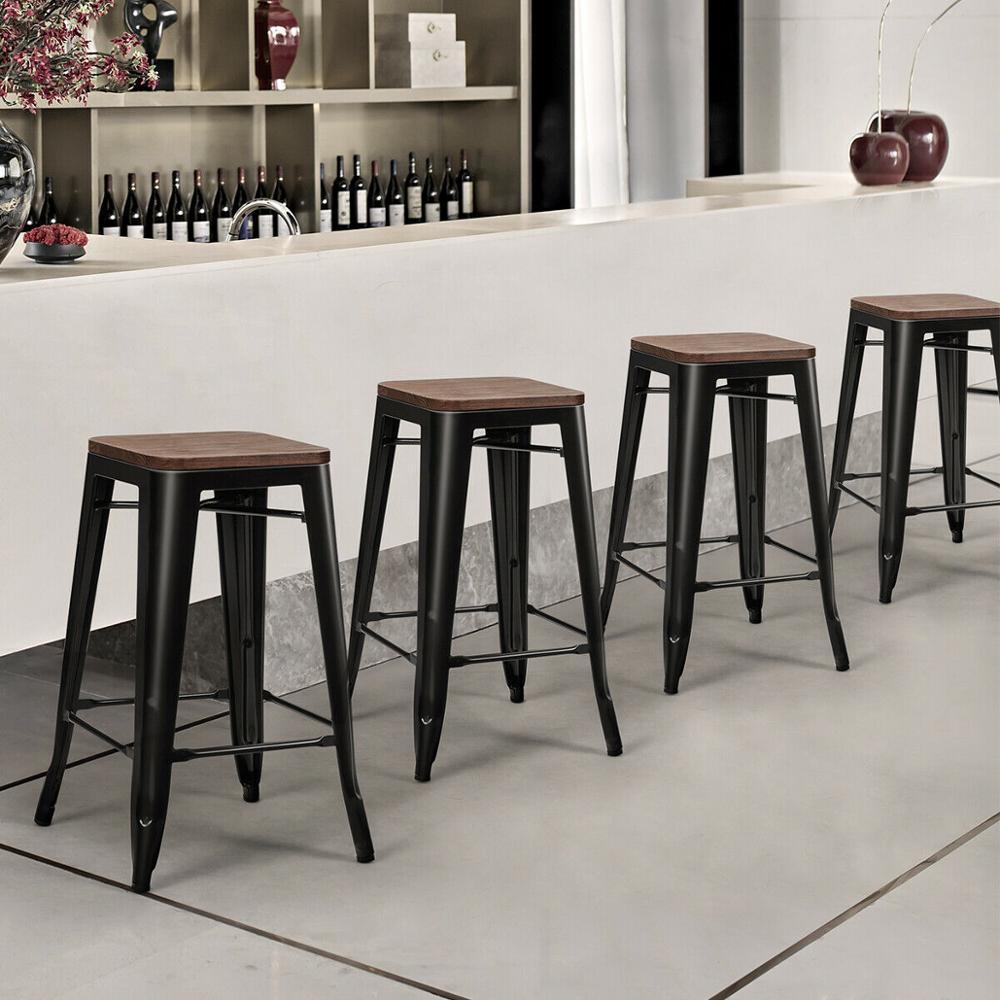 Metal Stackable Stool w/Wood Seat 4pc Set