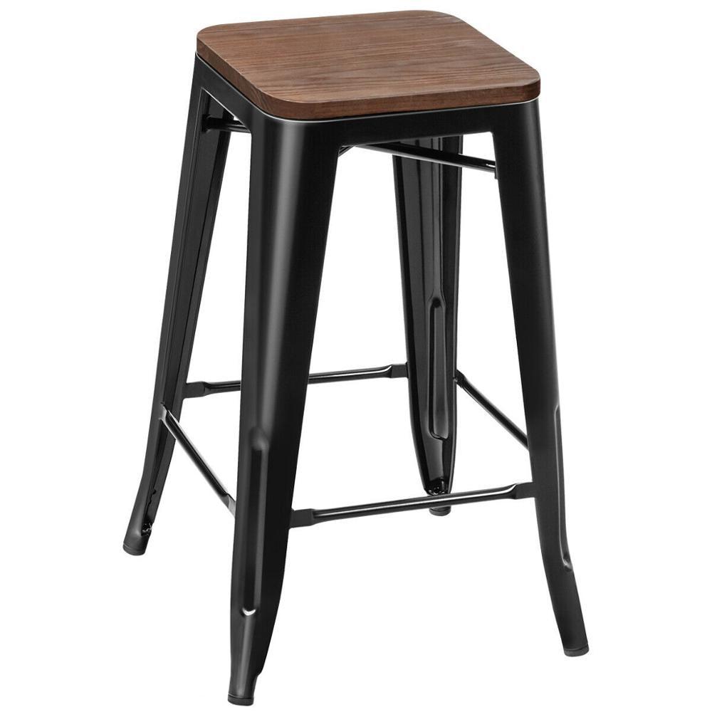 Metal Stackable Stool w/Wood Seat 4pc Set