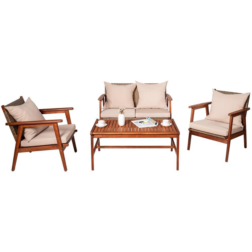 4PCS Patio Rattan Furniture Set Acacia Wood