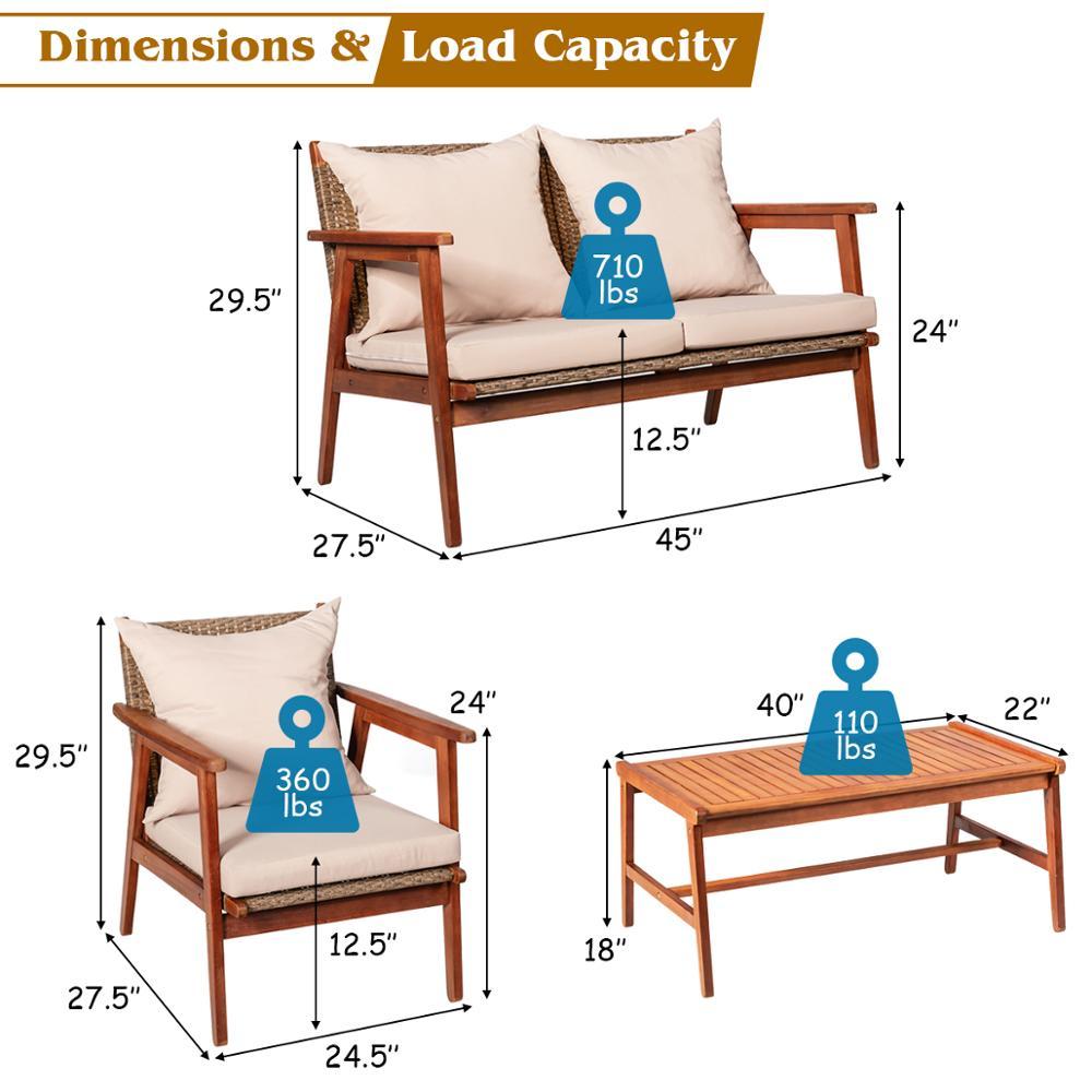 4PCS Patio Rattan Furniture Set Acacia Wood