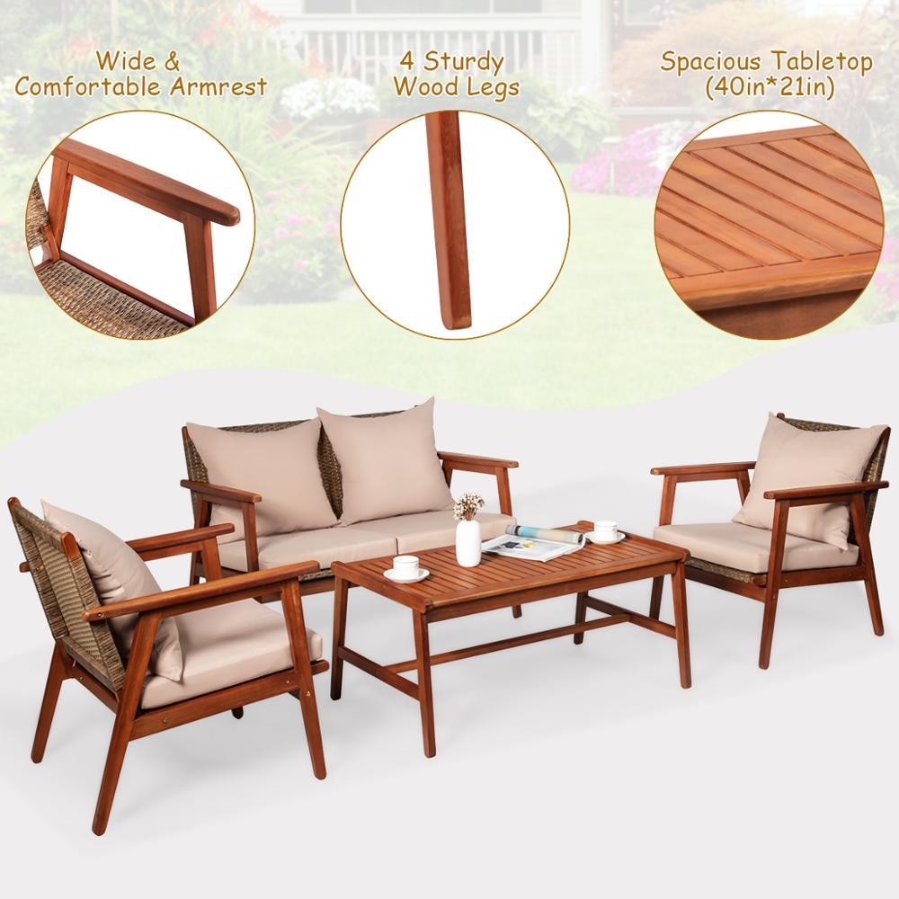 4PCS Patio Rattan Furniture Set Acacia Wood