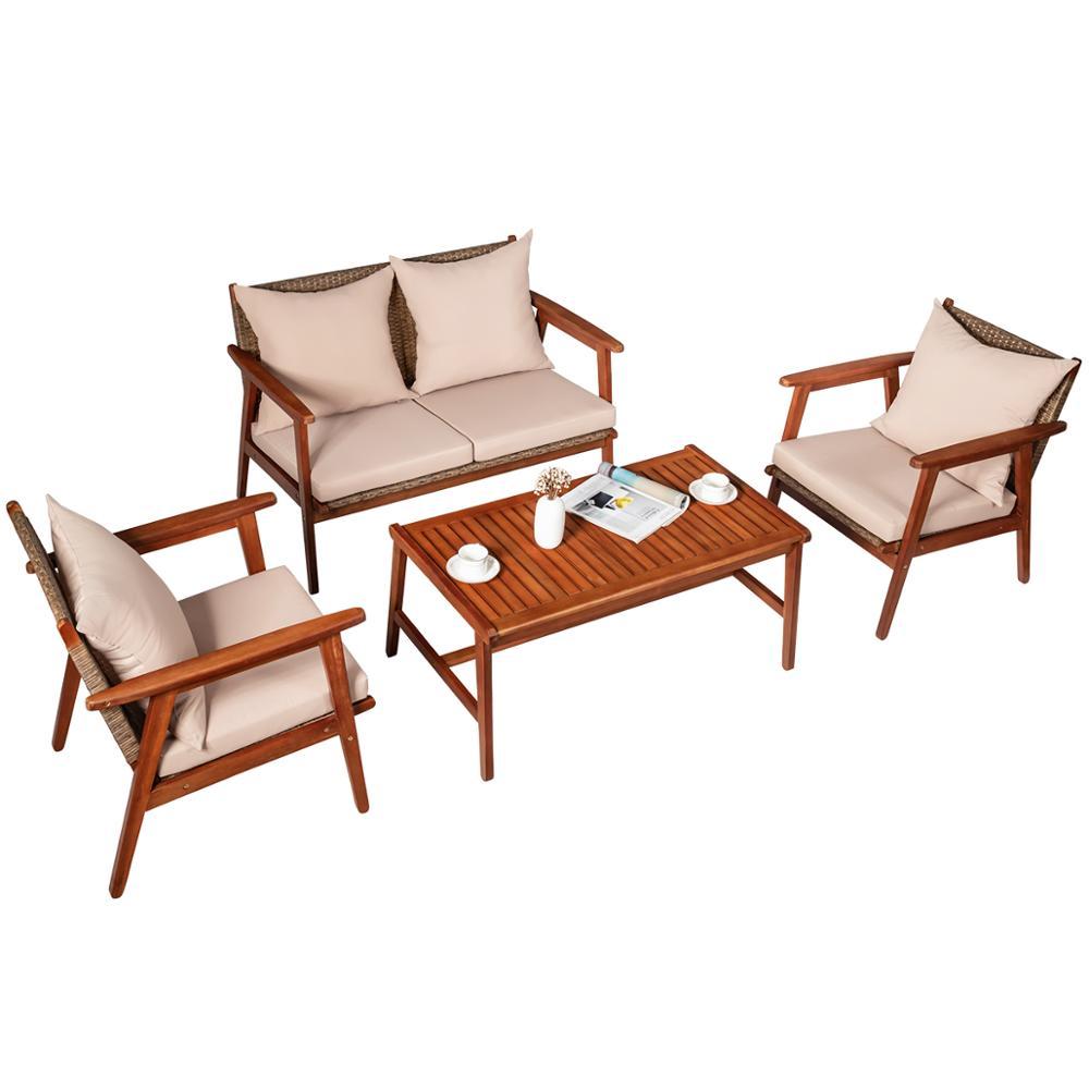 4PCS Patio Rattan Furniture Set Acacia Wood