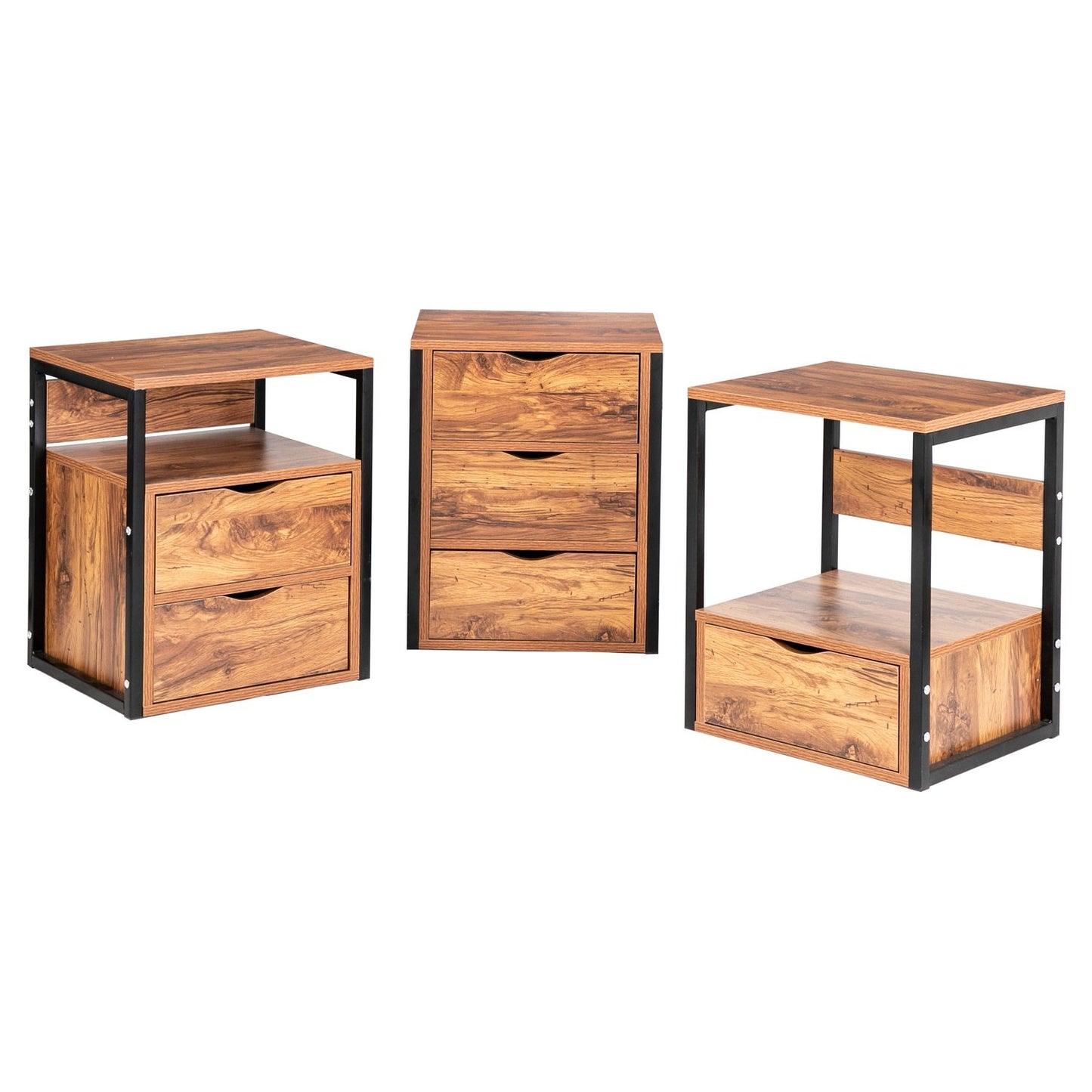 Metal & Wood Night Stand Side Table Set