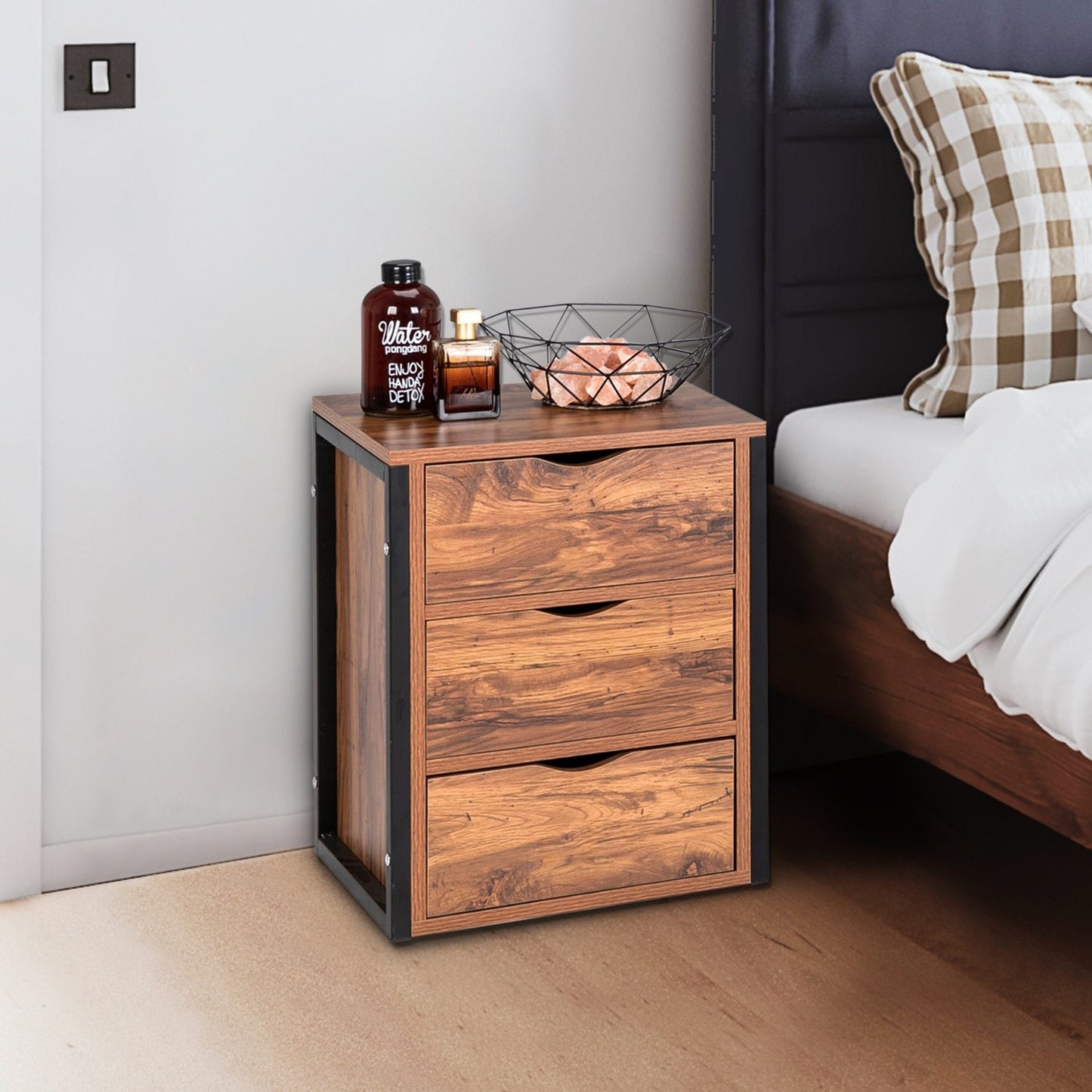 Metal & Wood Night Stand Side Table Set