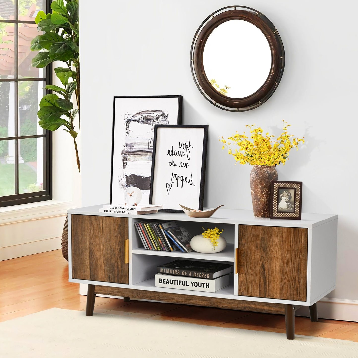 Modern TV Stand w/2 Storage Cabinets & Open Shelves