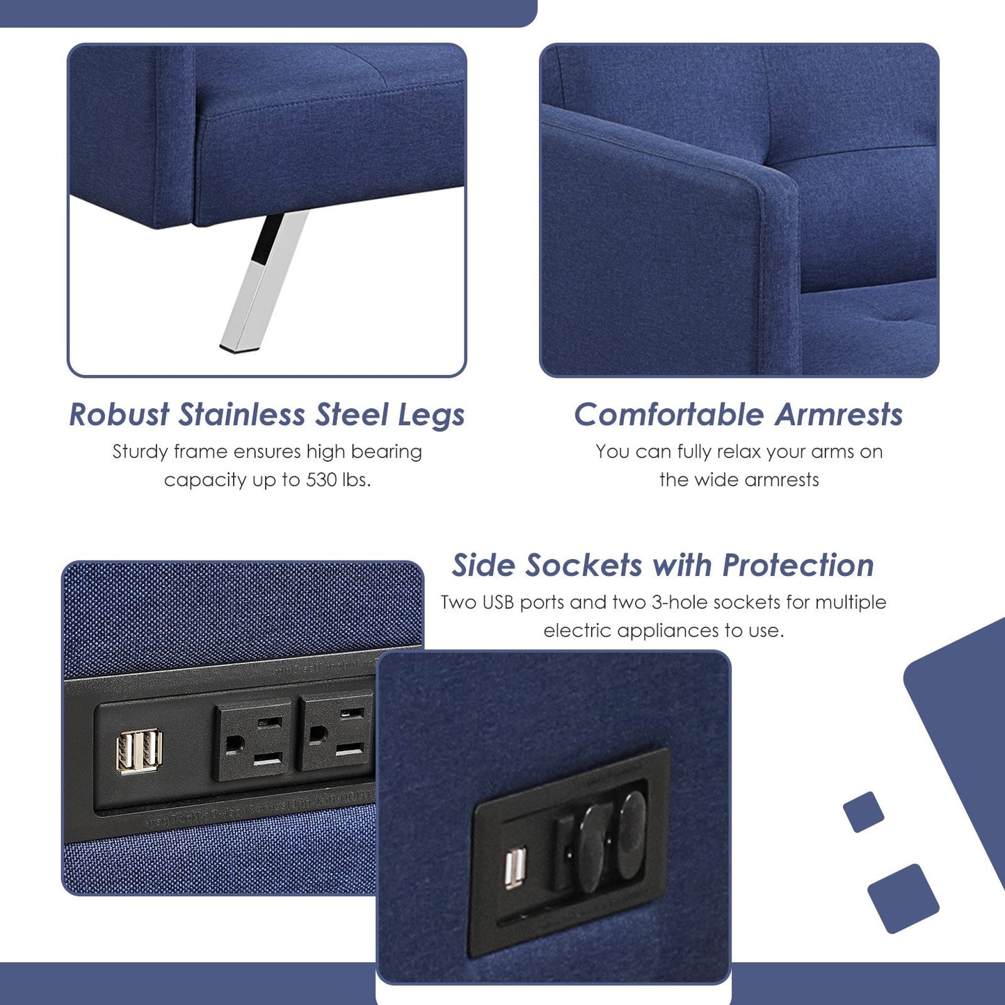 Convertible Sofa with USB Ports & Power Strip