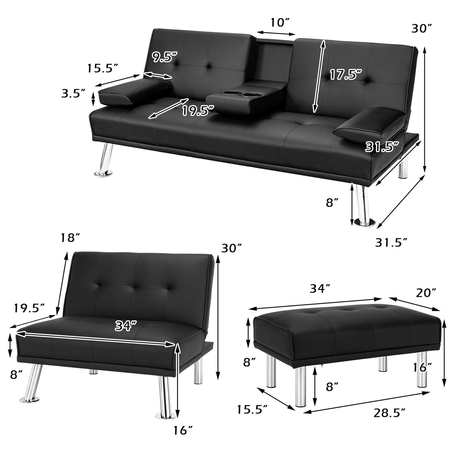 Black 3-Piece Convertible Sectional Sofa