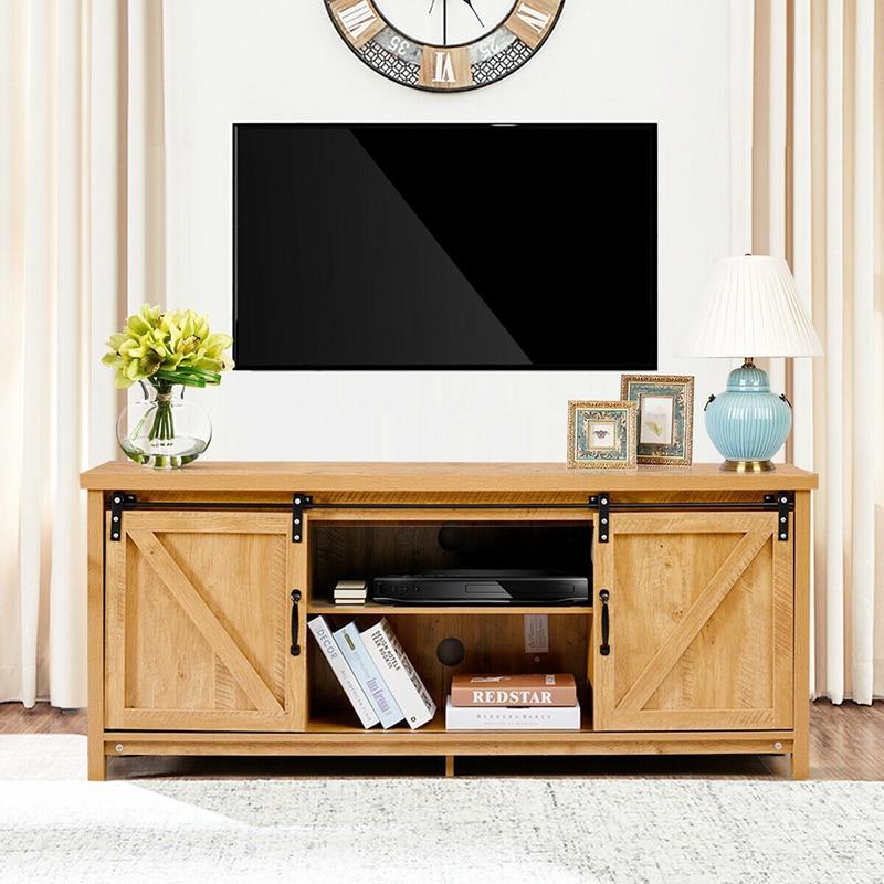 Wood TV Entertainment Center w/ Barn Doors Storage