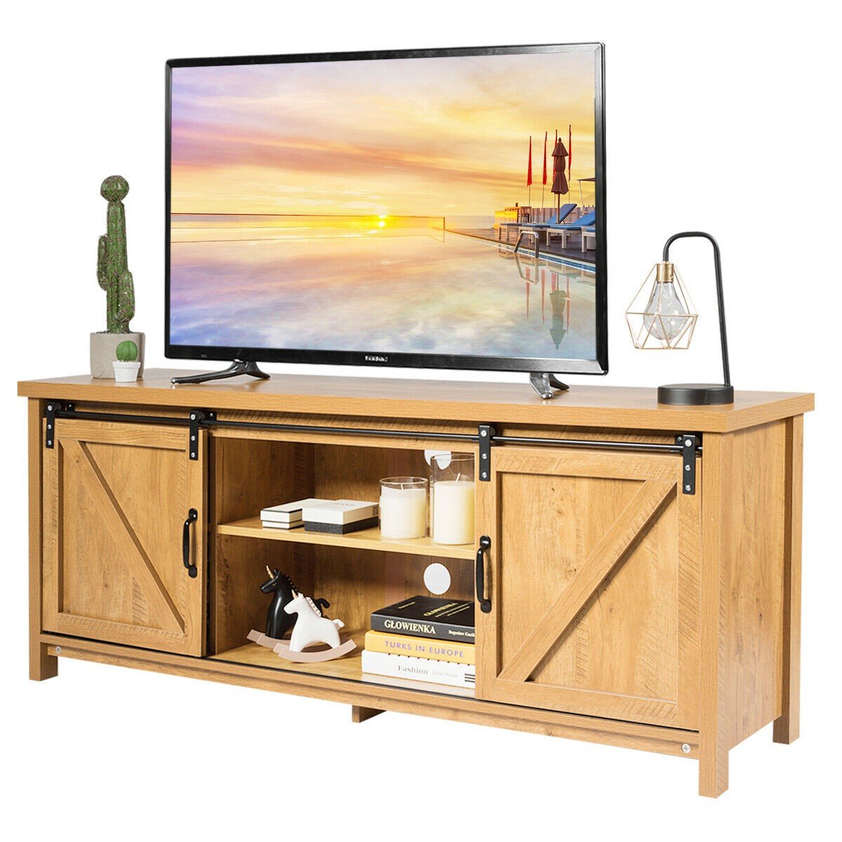 Wood TV Entertainment Center w/ Barn Doors Storage