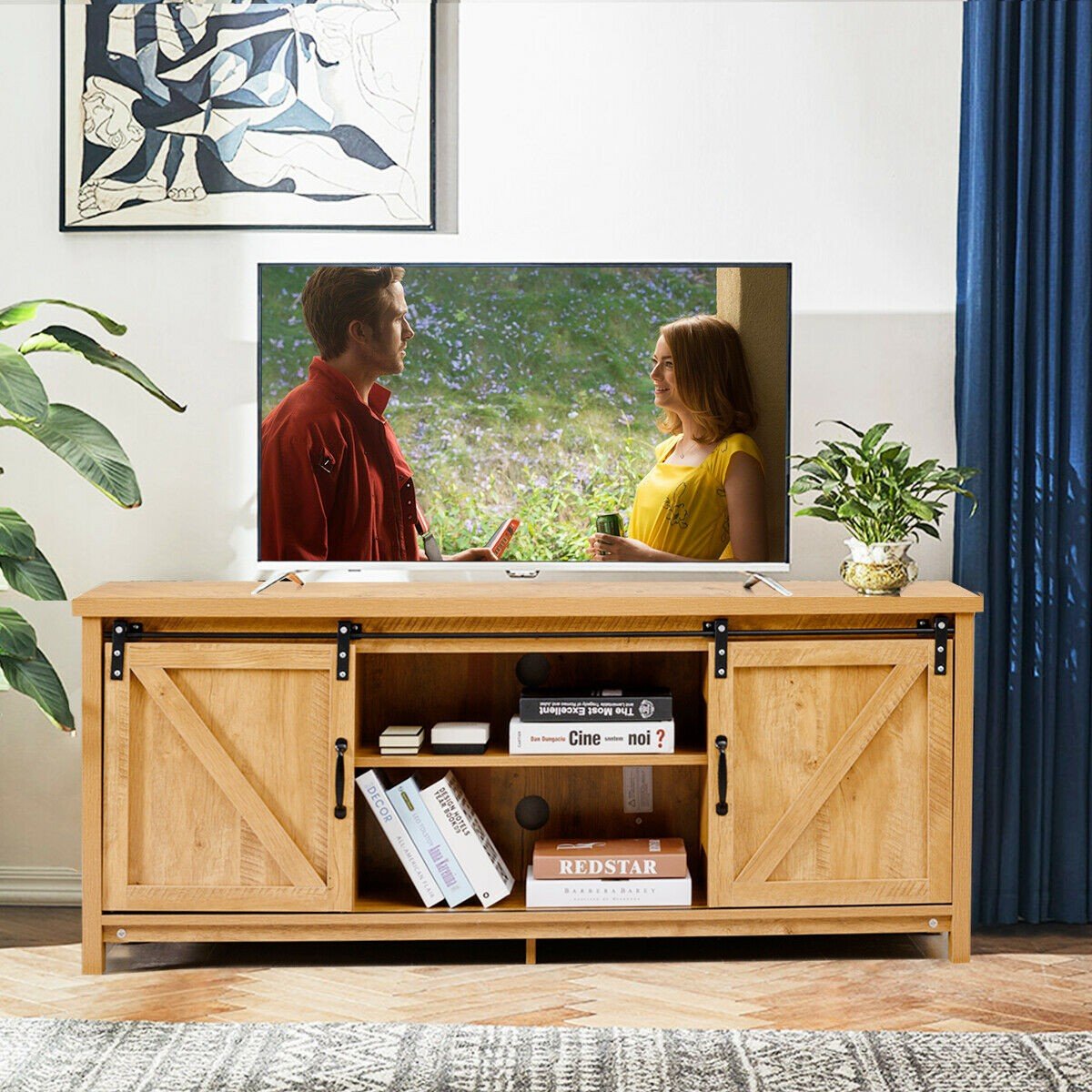 Wood TV Entertainment Center w/ Barn Doors Storage