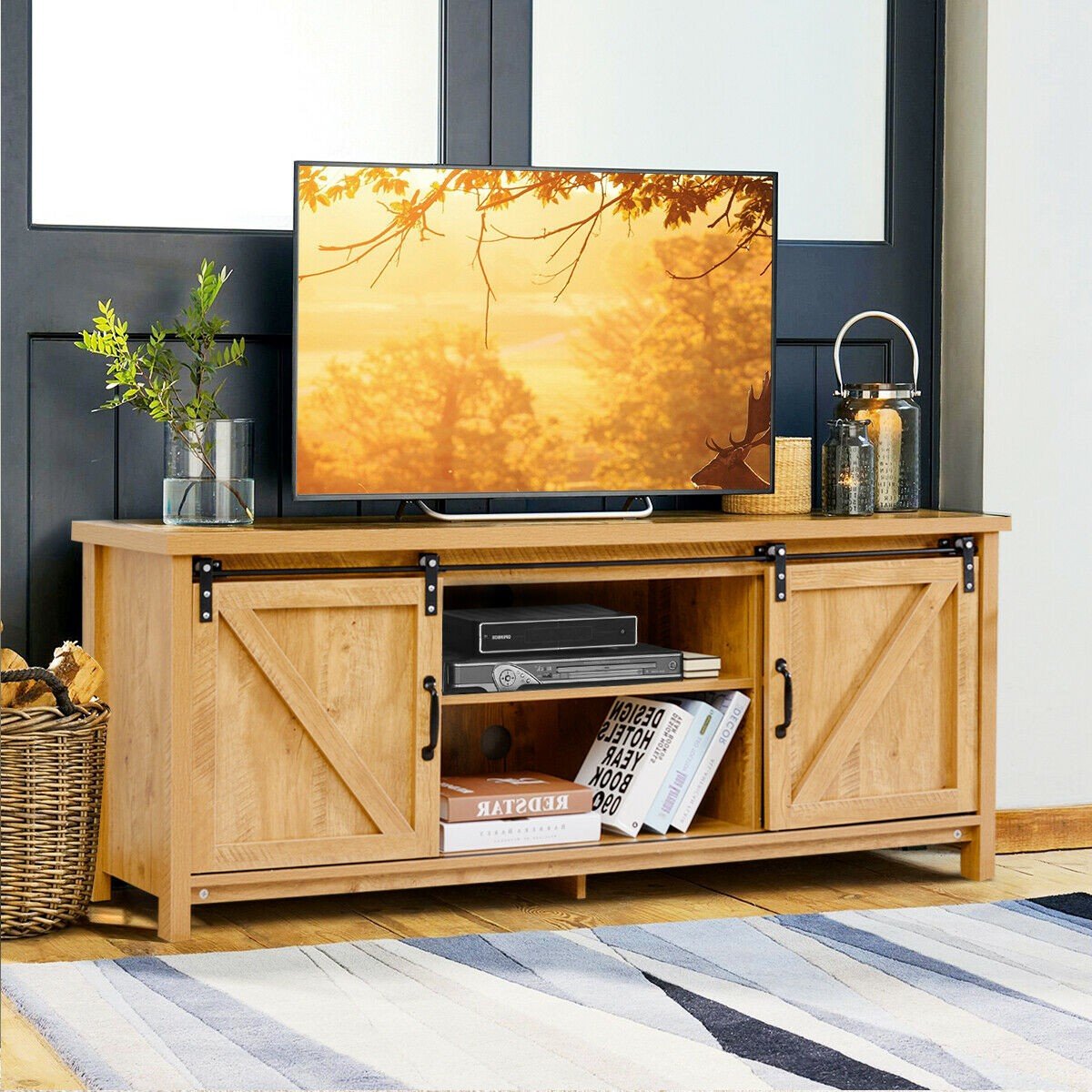 Wood TV Entertainment Center w/ Barn Doors Storage